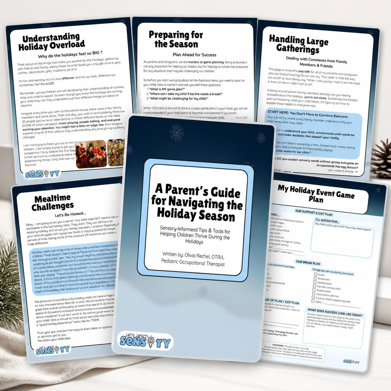 The Navigating the Holiday Season Parent Guide and printable Sensory Toolkit shown as a digital bundle